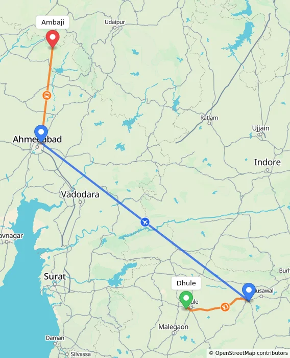 Route map showing distance and travel time from Dhule, India to Ambaji, India