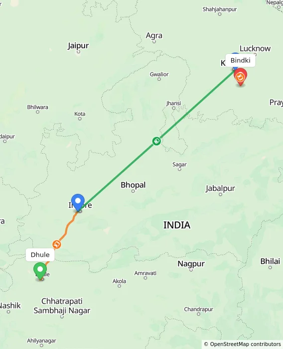 Route map showing distance and travel time from Dhule, India to Bindki, India