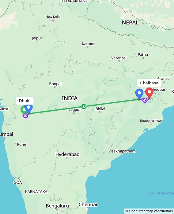 Route map showing distance and travel time from Dhule, India to Chaibasa, India