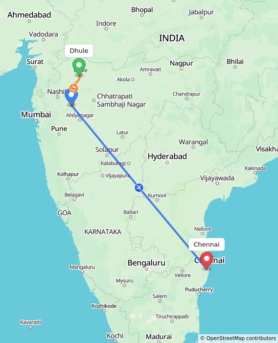 Route map showing distance and travel time from Dhule, India to Chennai, India