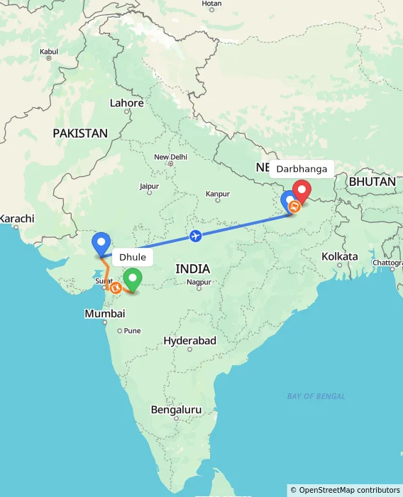 Route map showing distance and travel time from Dhule, India to Darbhanga, India