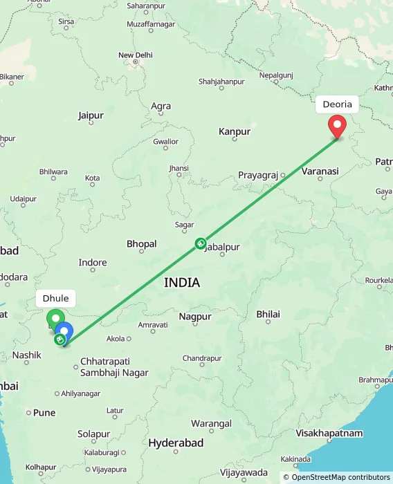 Route map showing distance and travel time from Dhule, India to Deoria, India