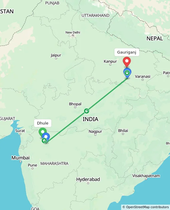 Route map showing distance and travel time from Dhule, India to Gauriganj, India