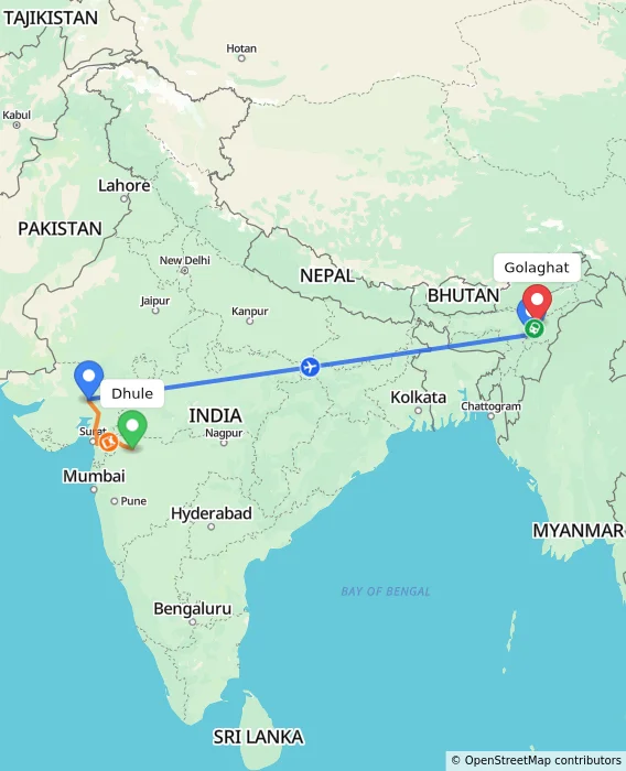 Route map showing distance and travel time from Dhule, India to Golaghat, India