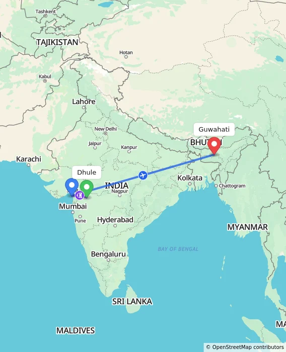 Route map showing distance and travel time from Dhule, India to Guwahati, India