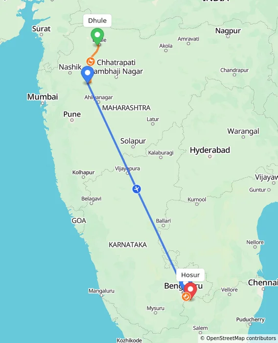 Route map showing distance and travel time from Dhule, India to Hosur, India