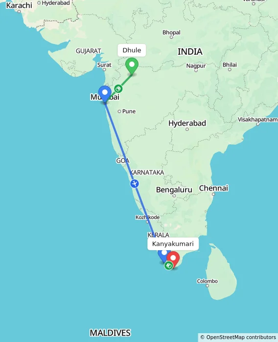 Route map showing distance and travel time from Dhule, India to Kanyakumari, India