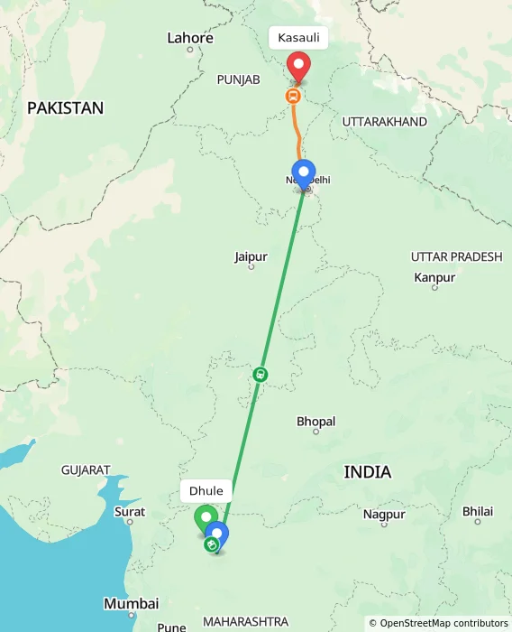 Route map showing distance and travel time from Dhule, India to Kasauli, India