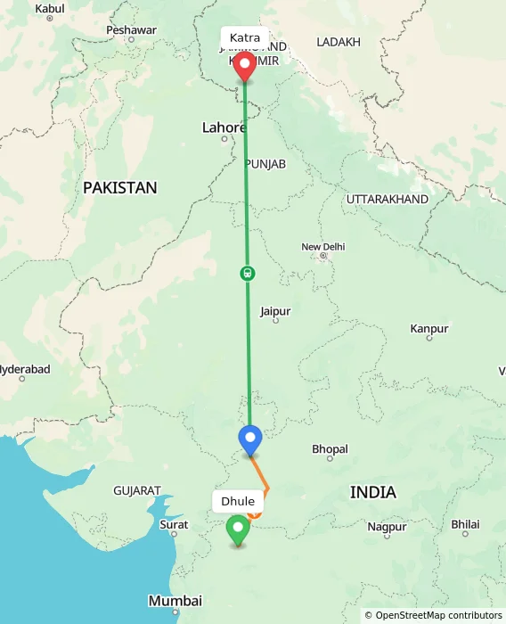 Route map showing distance and travel time from Dhule, India to Katra, India