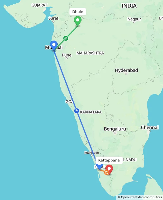 Route map showing distance and travel time from Dhule, India to Kattappana, India