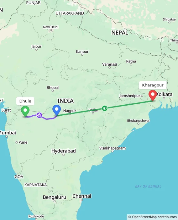 Route map showing distance and travel time from Dhule, India to Kharagpur, India
