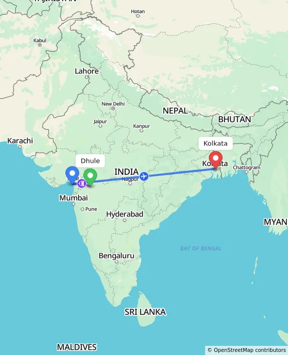 Route map showing distance and travel time from Dhule, India to Kolkata, India