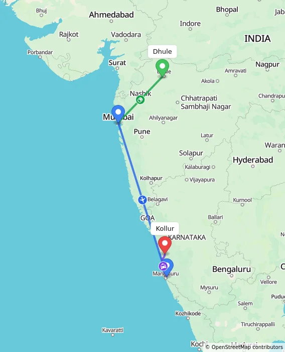 Route map showing distance and travel time from Dhule, India to Kollur, India