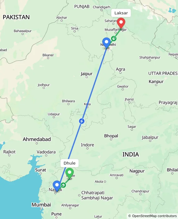 Route map showing distance and travel time from Dhule, India to Laksar, India