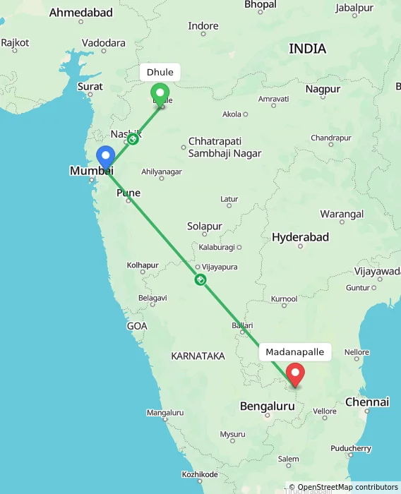 Route map showing distance and travel time from Dhule, India to Madanapalle, India