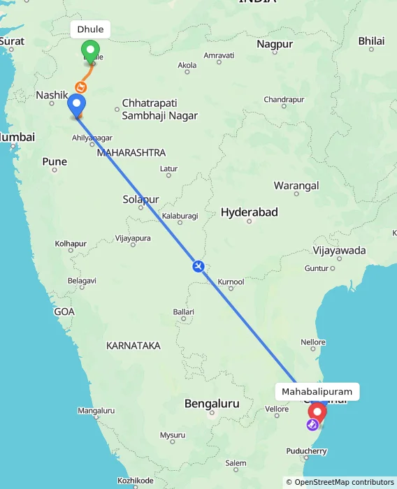 Route map showing distance and travel time from Dhule, India to Mahabalipuram, India