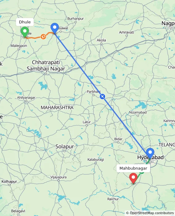 Route map showing distance and travel time from Dhule, India to Mahbubnagar, India
