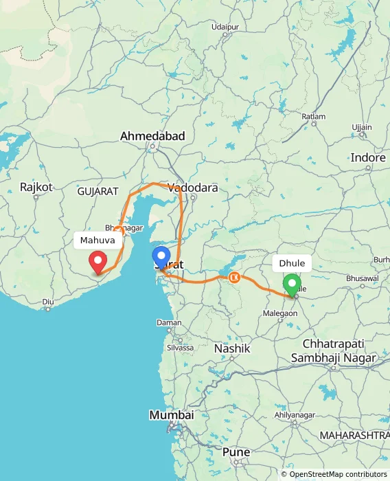 Route map showing distance and travel time from Dhule, India to Mahuva, India