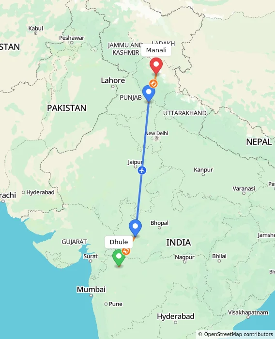 Route map showing distance and travel time from Dhule, India to Manali, India