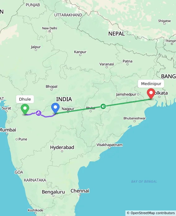 Route map showing distance and travel time from Dhule, India to Medinipur, India