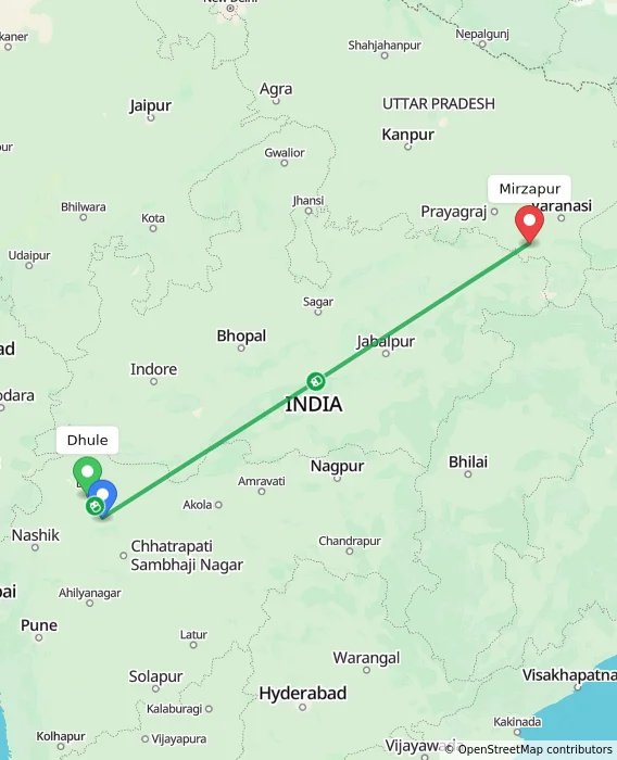 Route map showing distance and travel time from Dhule, India to Mirzapur, India