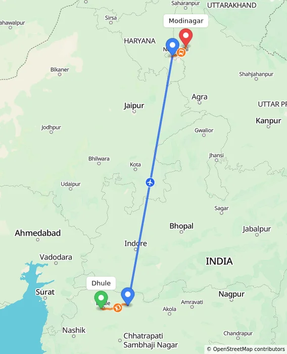Route map showing distance and travel time from Dhule, India to Modinagar, India