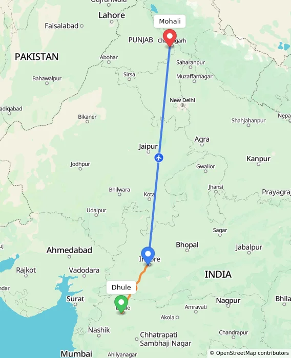 Route map showing distance and travel time from Dhule, India to Mohali, India