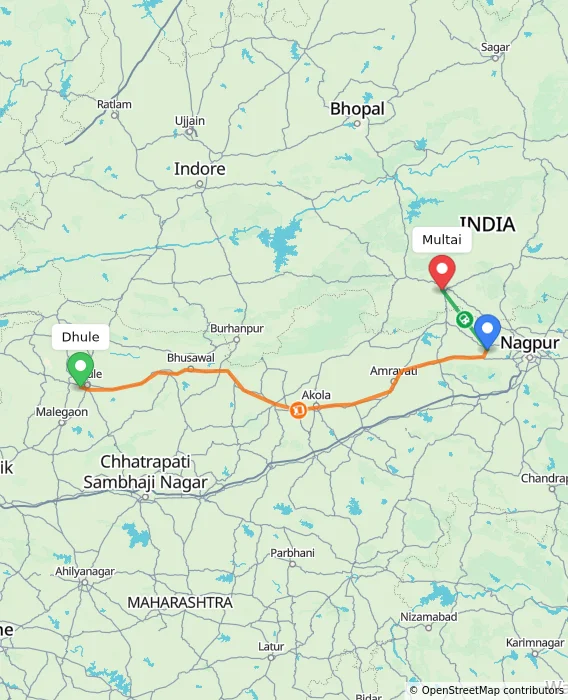 Route map showing distance and travel time from Dhule, India to Multai, India