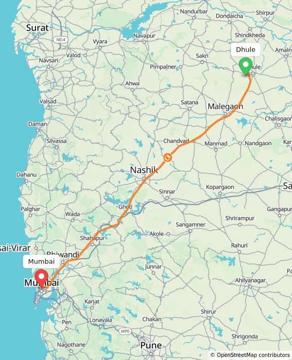 Route map showing distance and travel time from Dhule, India to Mumbai, India