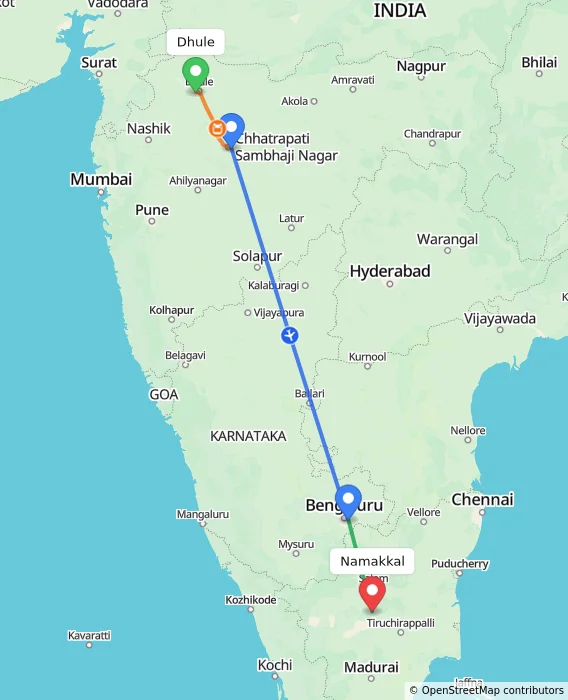 Route map showing distance and travel time from Dhule, India to Namakkal, India