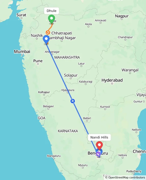 Route map showing distance and travel time from Dhule, India to Nandi Hills, India