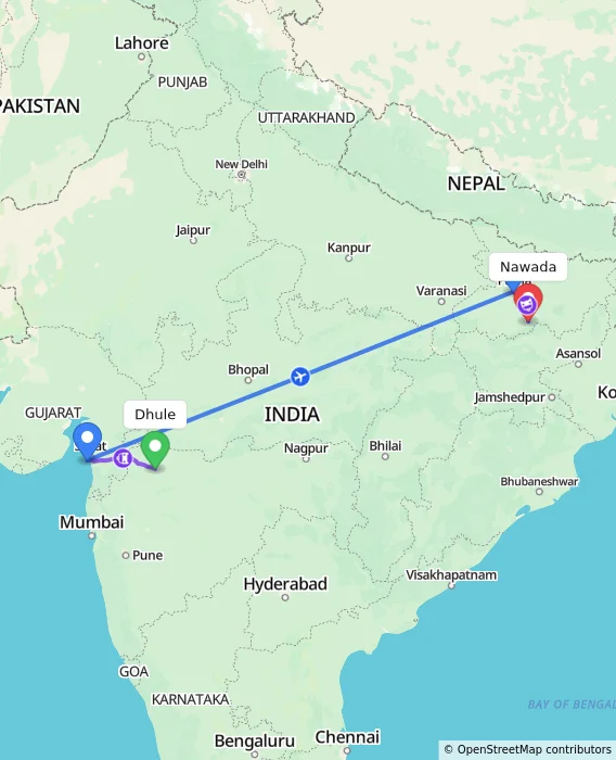 Route map showing distance and travel time from Dhule, India to Nawada, India