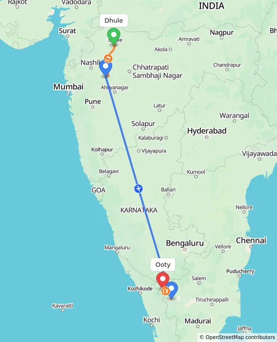 Route map showing distance and travel time from Dhule, India to Ooty, India