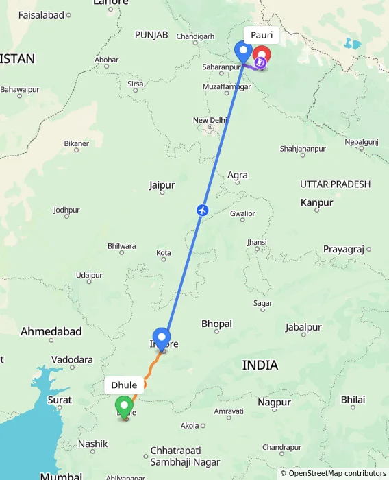 Route map showing distance and travel time from Dhule, India to Pauri, India