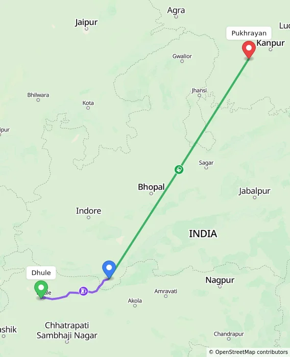 Route map showing distance and travel time from Dhule, India to Pukhrayan, India