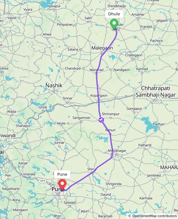 Route map showing distance and travel time from Dhule, India to Pune, India