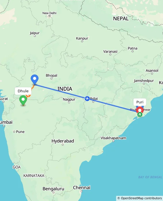 Route map showing distance and travel time from Dhule, India to Puri, India