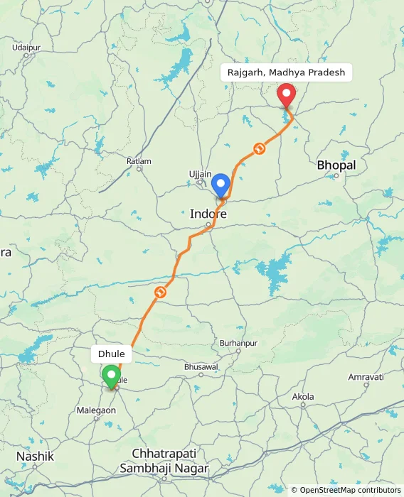 Route map showing distance and travel time from Dhule, India to Rajgarh, Madhya Pradesh, India