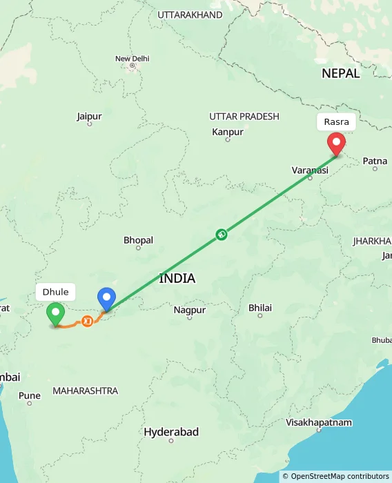 Route map showing distance and travel time from Dhule, India to Rasra, India