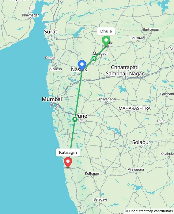Route map showing distance and travel time from Dhule, India to Ratnagiri, India