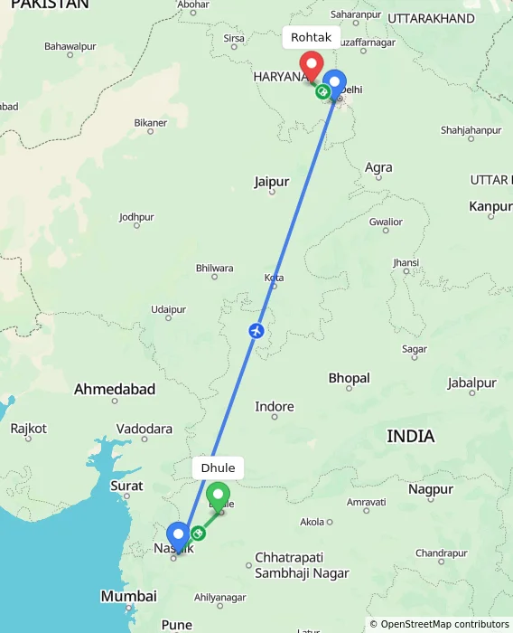 Route map showing distance and travel time from Dhule, India to Rohtak, India