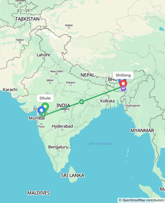 Route map showing distance and travel time from Dhule, India to Shillong, India
