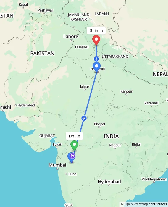 Route map showing distance and travel time from Dhule, India to Shimla, India
