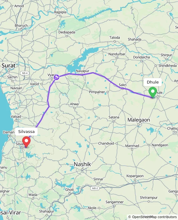 Route map showing distance and travel time from Dhule, India to Silvassa, India