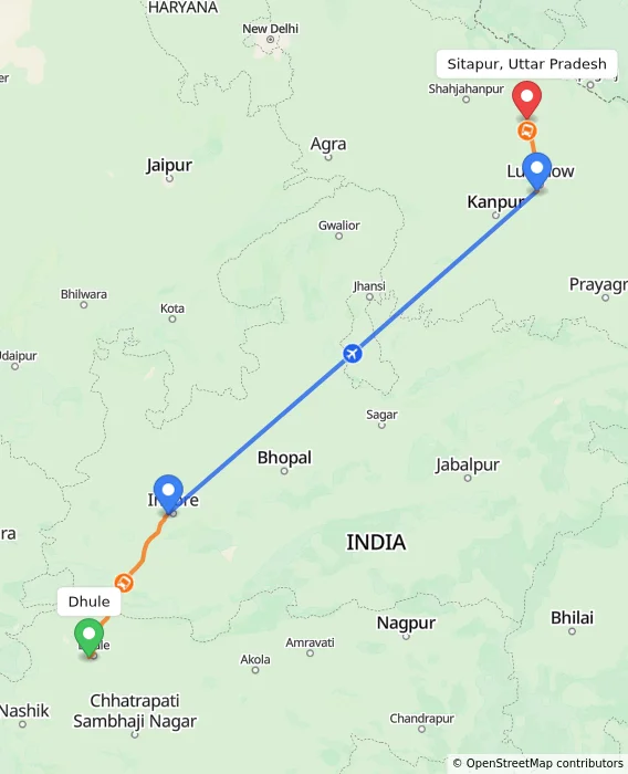 Route map showing distance and travel time from Dhule, India to Sitapur, Uttar Pradesh, India