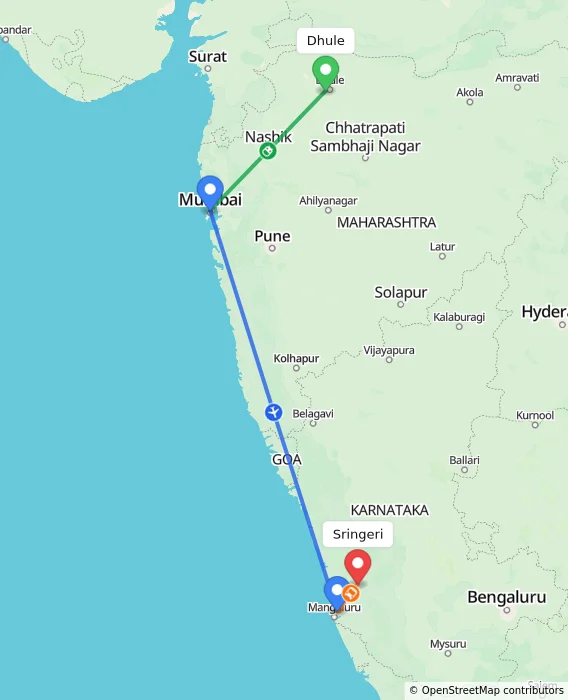 Route map showing distance and travel time from Dhule, India to Sringeri, India