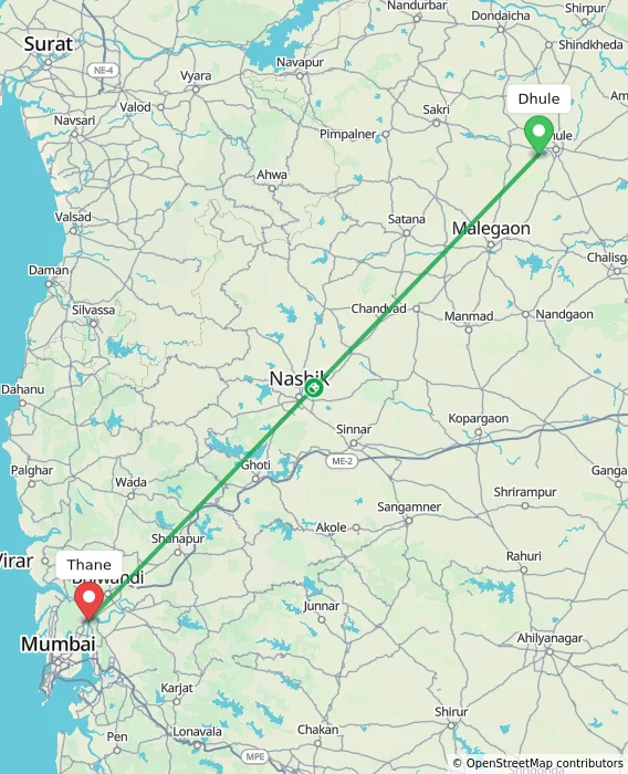 Route map showing distance and travel time from Dhule, India to Thane, India
