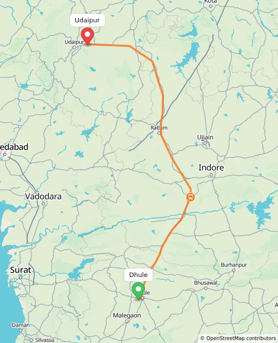 Route map showing distance and travel time from Dhule, India to Udaipur, India