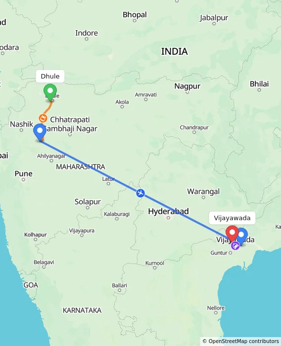 Route map showing distance and travel time from Dhule, India to Vijayawada, India