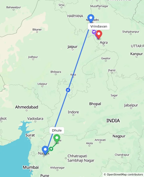 Route map showing distance and travel time from Dhule, India to Vrindavan, India